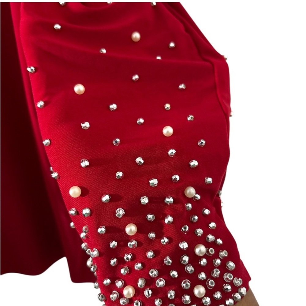 NWT MSK Red V-Neck Blouse With Embellished Beads/Pearl Sleeves Women’s Sz Medium - Picture 7 of 11